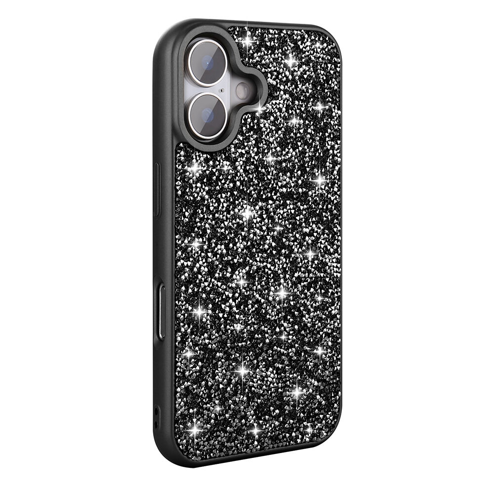 iPhone 16 Plus Kılıf Parlak Taşlı Tasarım Pırlanta Kapak Siyah