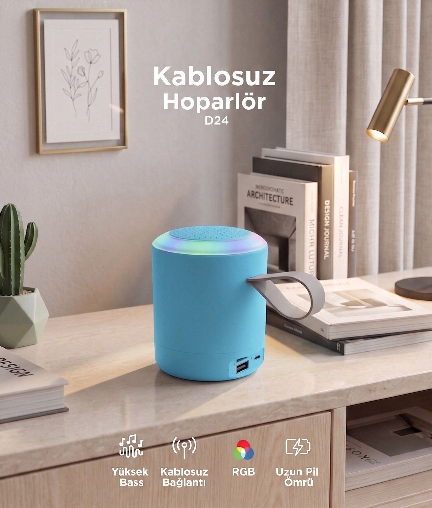 Bluetooth Hoparlör SD USB Destekli Taşınabilir Speaker D24 Mavi