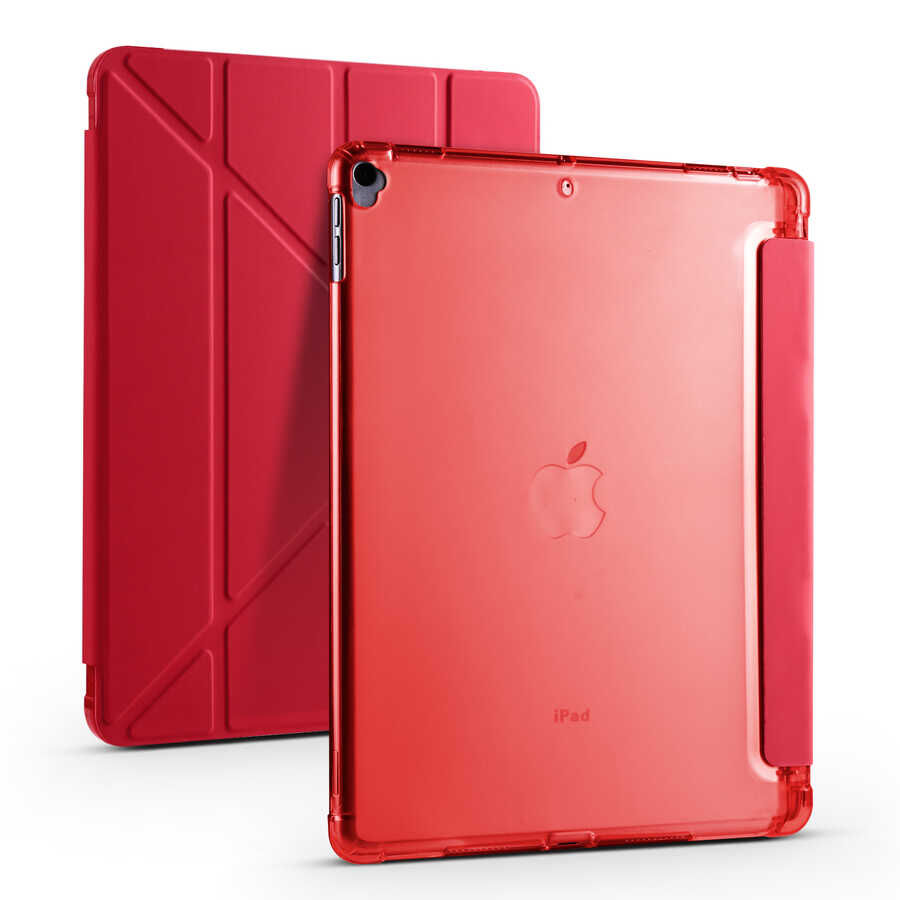 iPad 10.2 (8.Nesil) Kılıf Tri Folding Kalem Bölmeli Standlı Kılıf Kırmızı