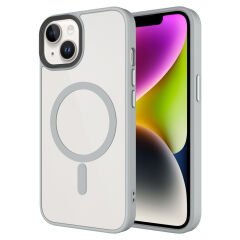 iPhone 14 Plus Kılıf Mat Arka Yüzey Wireless Şarj Özellikli Flet Magsafe Kapak Gri