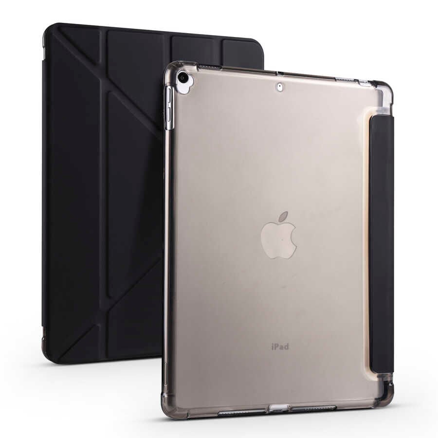 iPad 10.2 (8.Nesil) Kılıf Tri Folding Kalem Bölmeli Standlı Kılıf Siyah