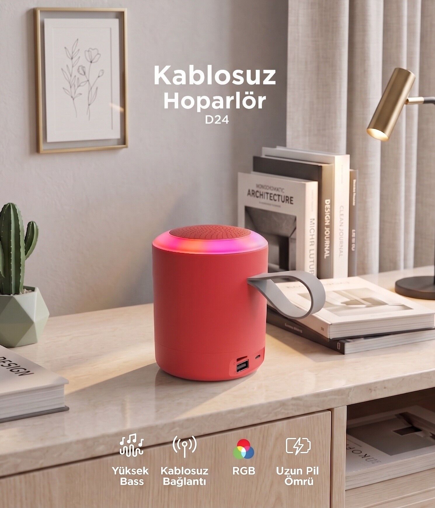 Bluetooth Hoparlör SD USB Destekli Taşınabilir Speaker D24 Kırmızı