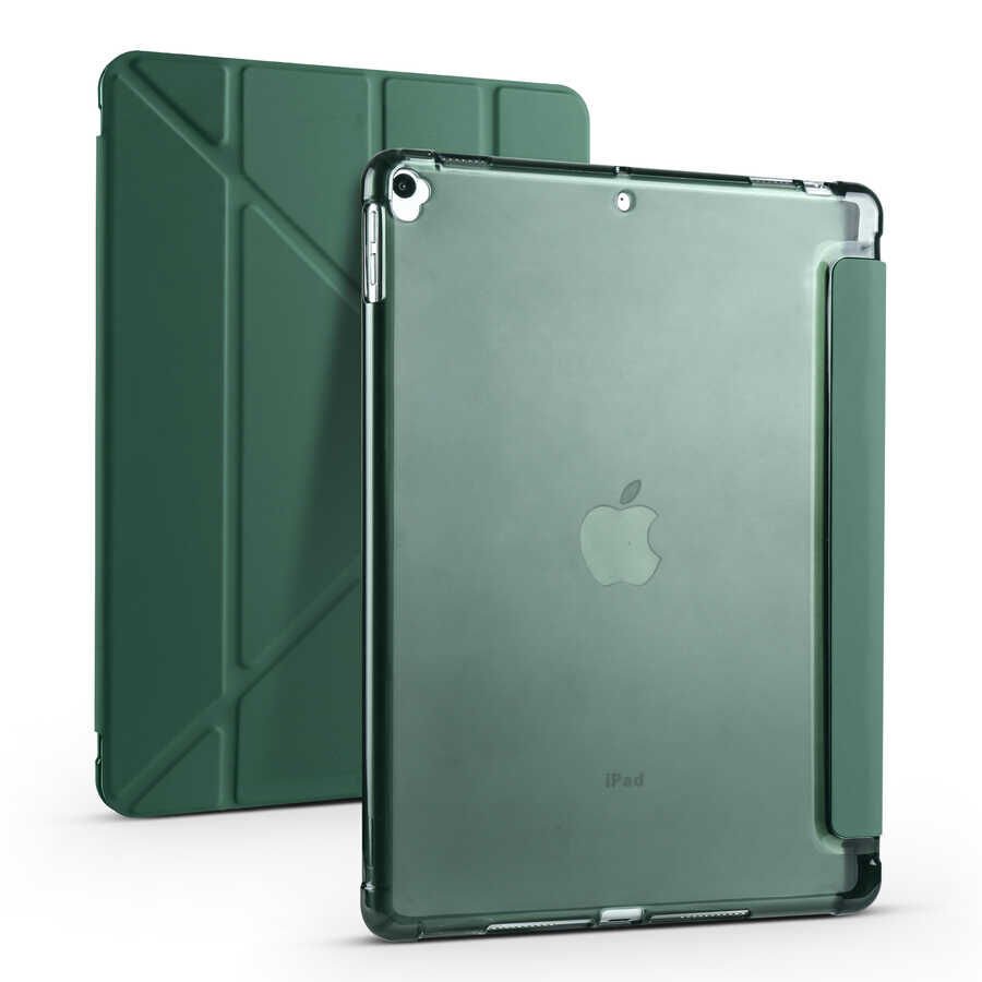 iPad 10.2 (8.Nesil) Kılıf Tri Folding Kalem Bölmeli Standlı Kılıf Koyu Yeşil