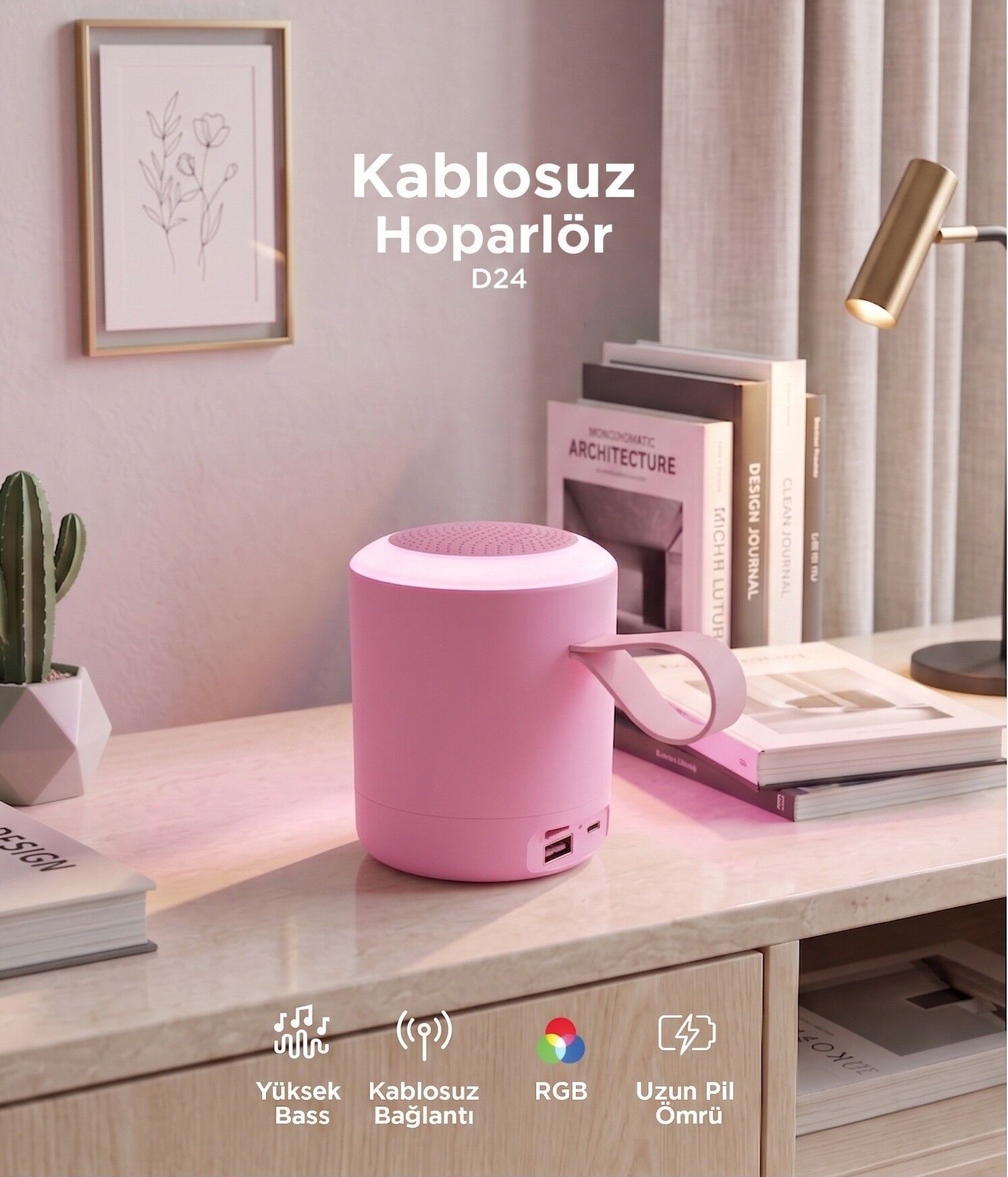 Bluetooth Hoparlör SD USB Destekli Taşınabilir Speaker D24 Pembe