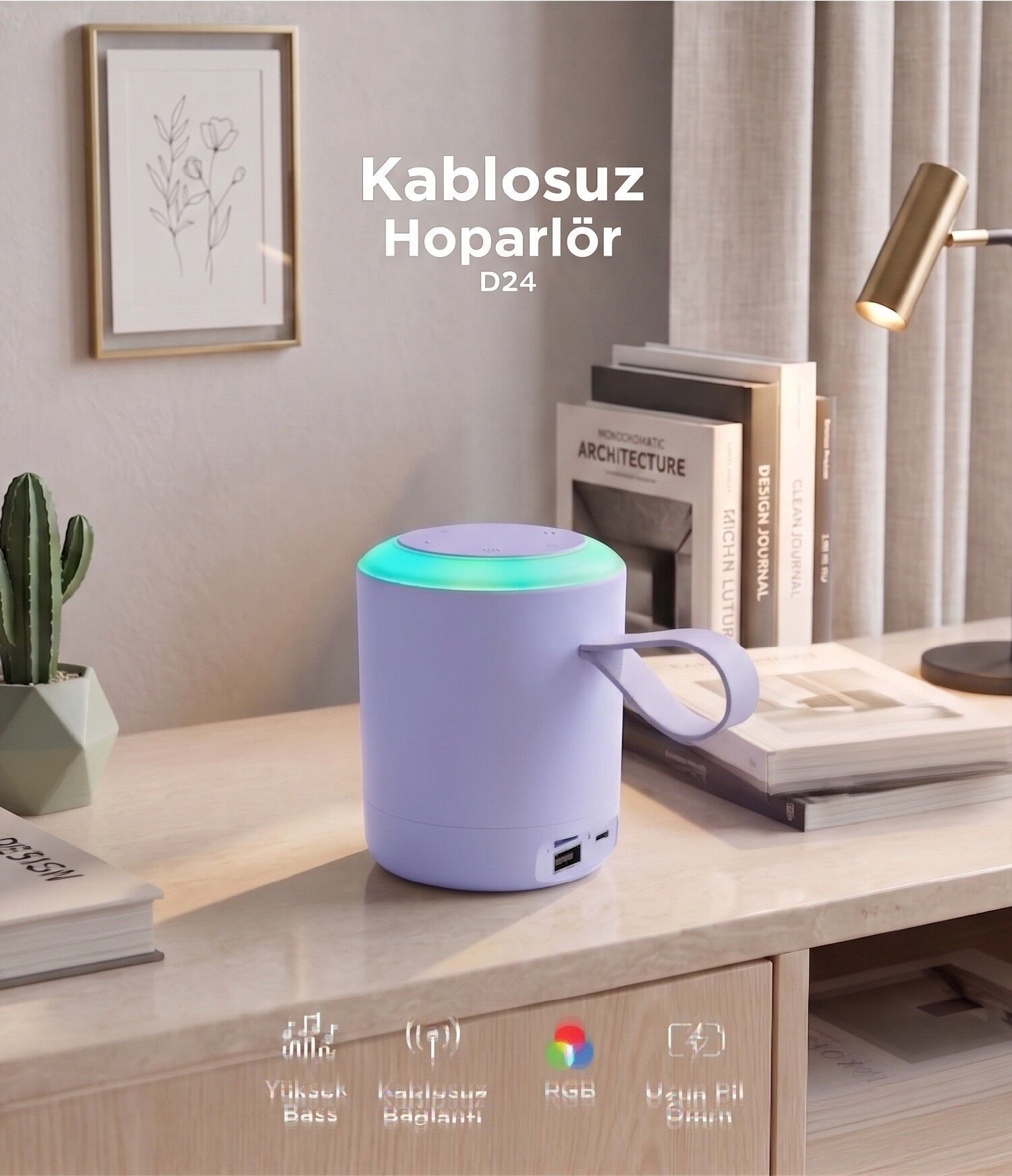 Bluetooth Hoparlör SD USB Destekli Taşınabilir Speaker D24 Lila