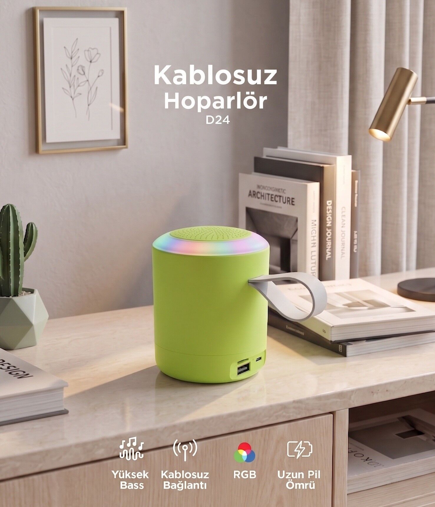 Bluetooth Hoparlör SD USB Destekli Taşınabilir Speaker D24 Yeşil