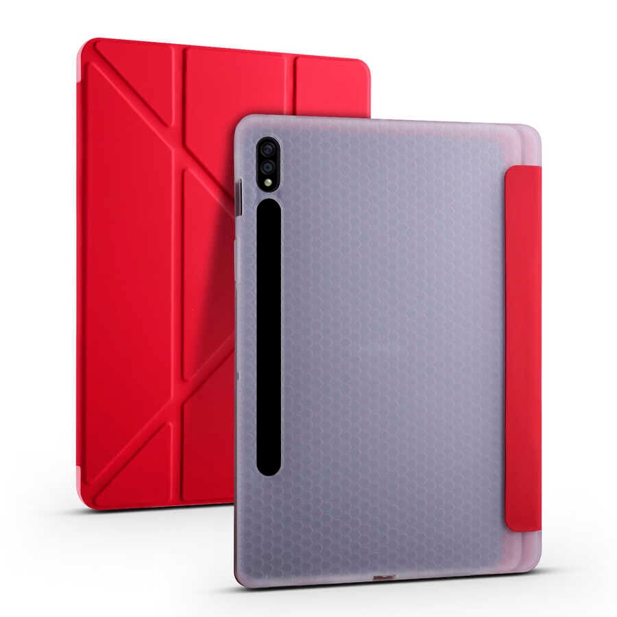 Samsung Galaxy Tab S7 T870 Kılıf Tri Folding Kalem Bölmeli Standlı Kılıf Kırmızı