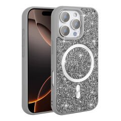iPhone 16 Pro Kılıf Pırlanta Tasarımlı Kablosuz Şarj Özellikli Mozaik Silikon Kapak