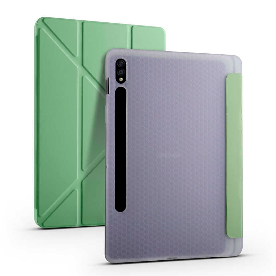 Samsung Galaxy Tab S7 T870 Kılıf Tri Folding Kalem Bölmeli Standlı Kılıf Açık Yeşil
