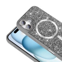 iPhone 16 Kılıf Pırlanta Tasarımlı Kablosuz Şarj Özellikli Mozaik Silikon Kapak
