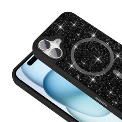 iPhone 16 Kılıf Pırlanta Tasarımlı Kablosuz Şarj Özellikli Mozaik Silikon Kapak