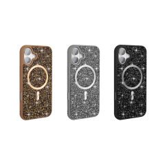 iPhone 16 Kılıf Pırlanta Tasarımlı Kablosuz Şarj Özellikli Mozaik Silikon Kapak