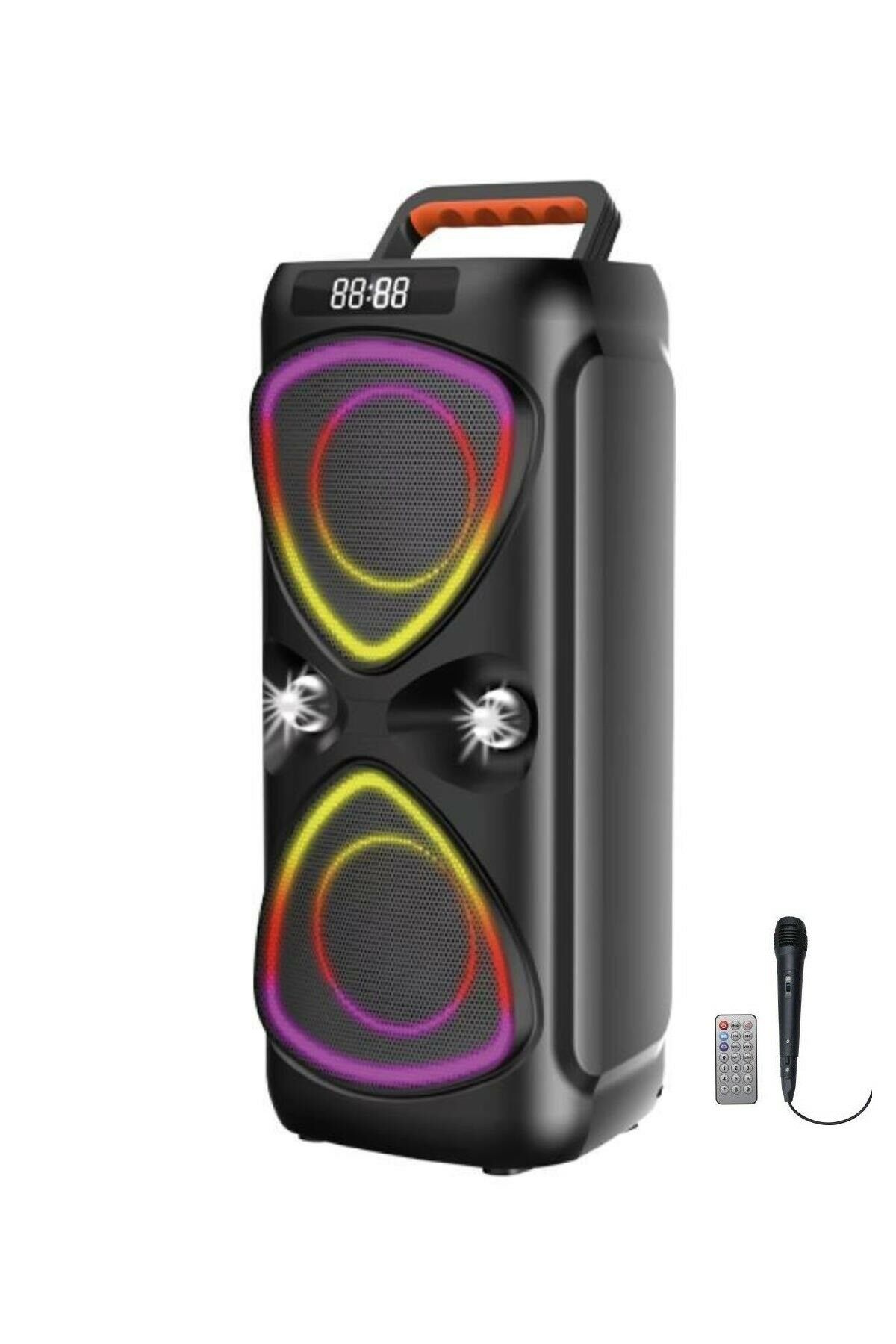 Bluetooh Hoparlör Kablolu Mikrofonlu Kumandali Radyolu Led Işıklı Parti Speaker D78 Siyah