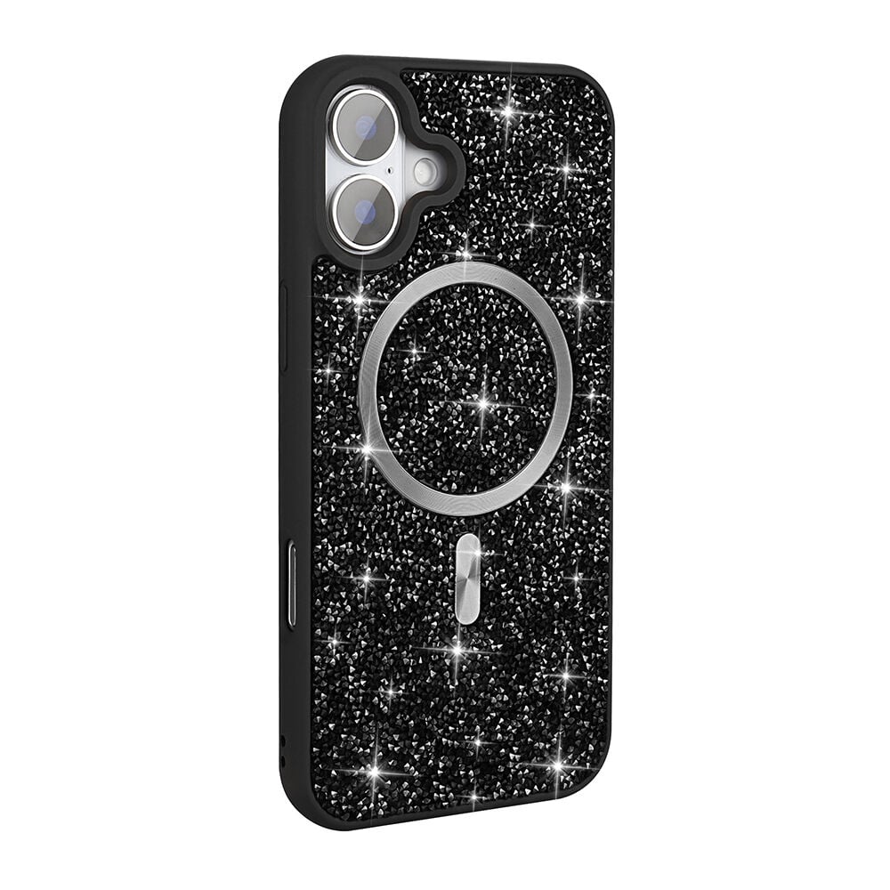 iPhone 16 Kılıf Pırlanta Tasarımlı Kablosuz Şarj Özellikli Mozaik Silikon Kapak Siyah