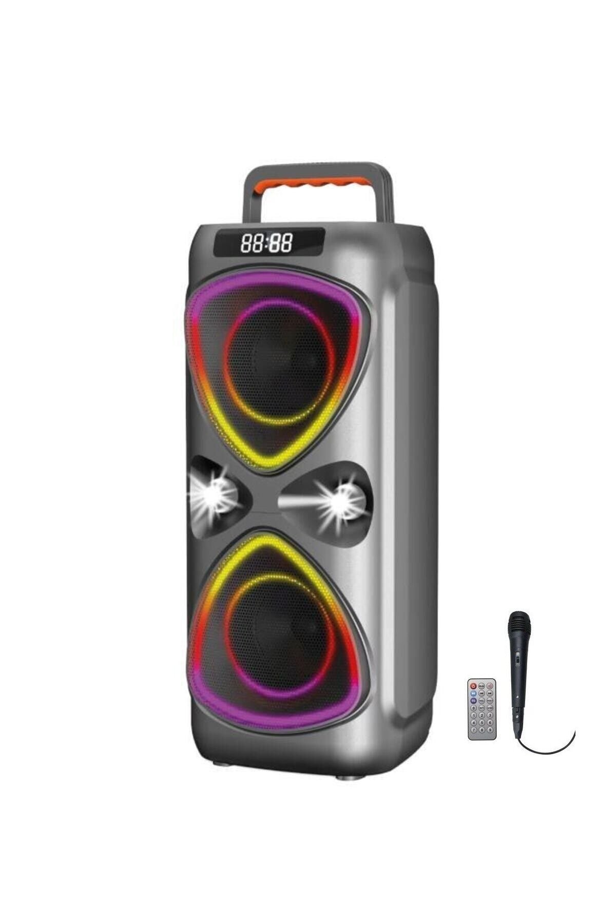 Bluetooh Hoparlör Kablolu Mikrofonlu Kumandali Radyolu Led Işıklı Parti Speaker D78 Gri