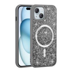 iPhone 15 Kılıf Pırlanta Tasarımlı Kablosuz Şarj Özellikli Mozaik Silikon Kapak