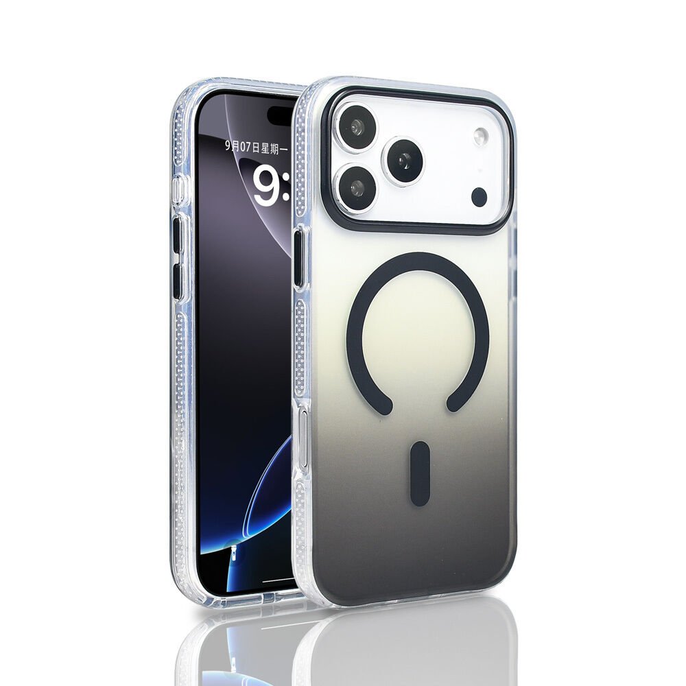 iPhone 17 Pro Max Kılıf Kablosuz Şarj Özellikli Şeffaf Transparan Renk Geçişli Toros Kapak Siyah