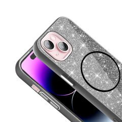 iPhone 15 Plus Kılıf Magsafe Şarj Özellikli Parlayan Simli Okso Kapak Pembe