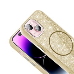 iPhone 15 Plus Kılıf Magsafe Şarj Özellikli Parlayan Simli Okso Kapak Pembe