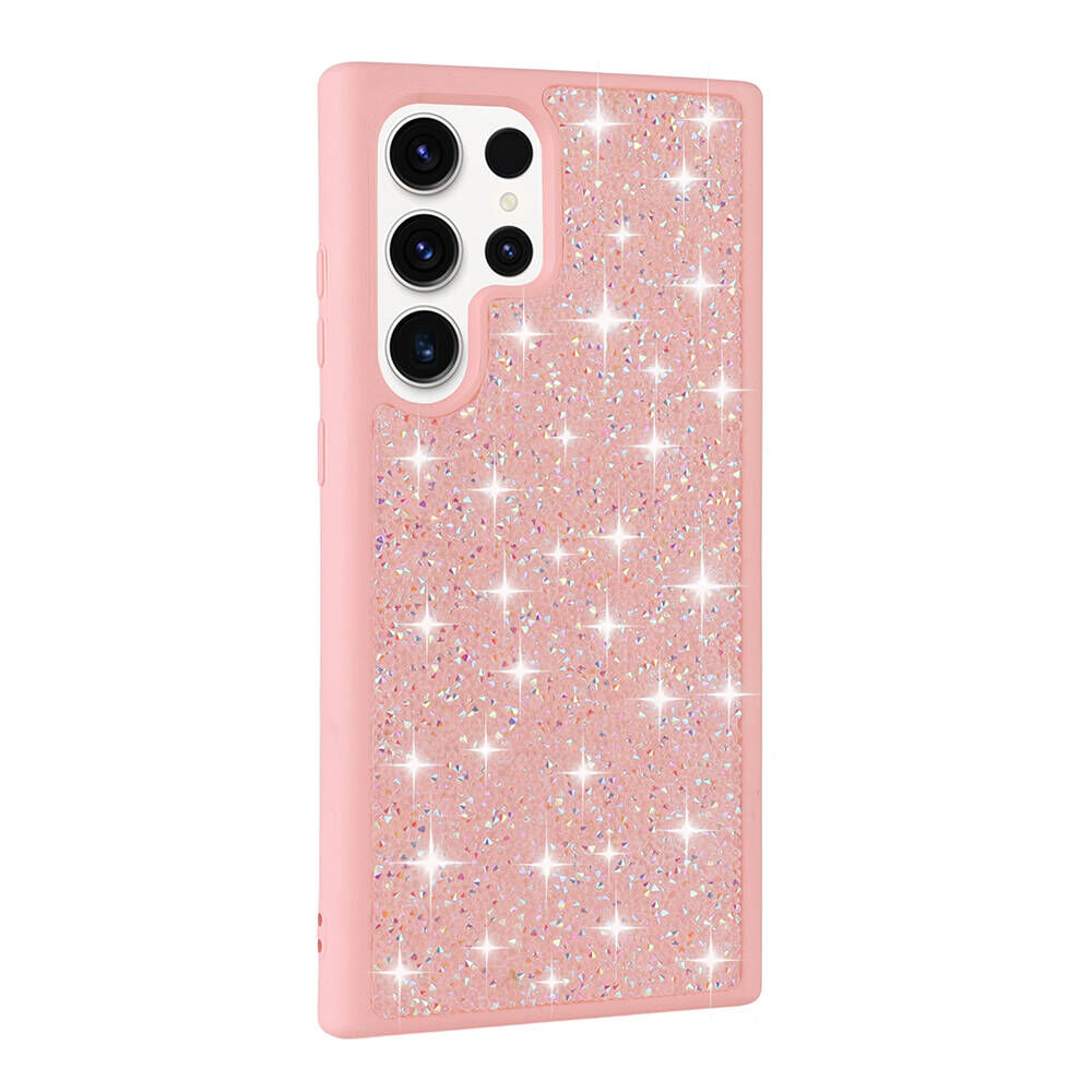 Samsung Galaxy S23 Ultra Kılıf Parlak Taşlı Tasarım Pırlanta Kapak Pembe