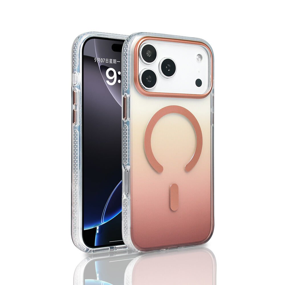 iPhone 17 Pro Max Kılıf Kablosuz Şarj Özellikli Şeffaf Transparan Renk Geçişli Toros Kapak Rose Gold