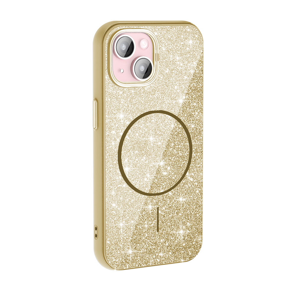 iPhone 15 Plus Kılıf Magsafe Şarj Özellikli Parlayan Simli Okso Kapak Gold