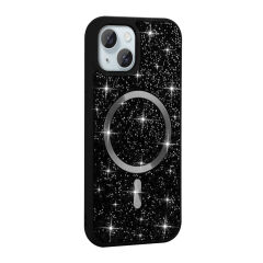 iPhone 15 Plus Kılıf Pırlanta Tasarımlı Kablosuz Şarj Özellikli Mozaik Silikon Kapak Siyah