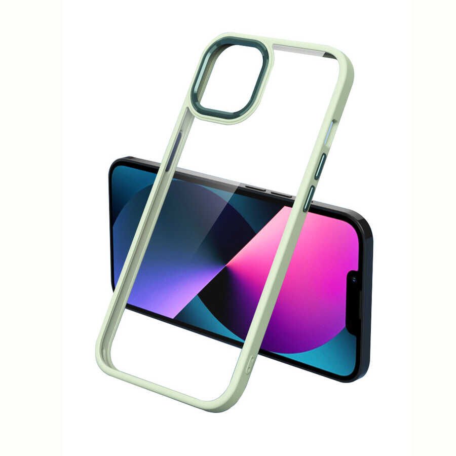iPhone 13 Pro Max Kılıf Renkli Silikon Kenarlı Krom Kapak Açık Yeşil