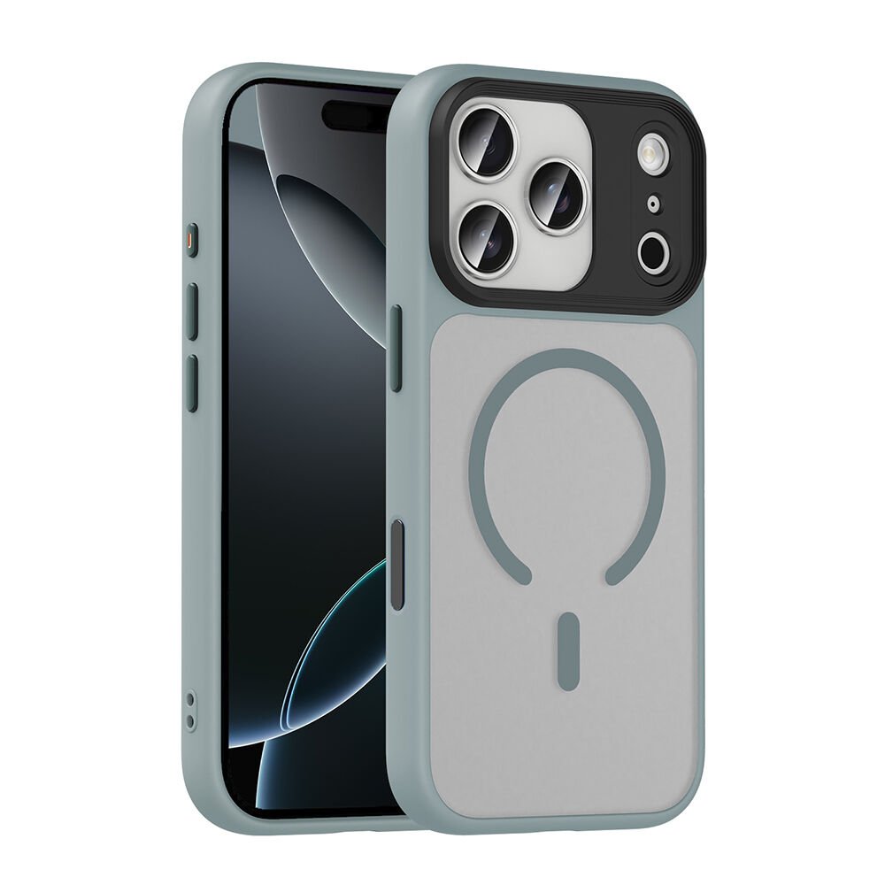 iPhone 17 Pro Max Kılıf Mat Arka Yüzey Wireless Şarj Özellikli Flet M-safe Kapak Gri