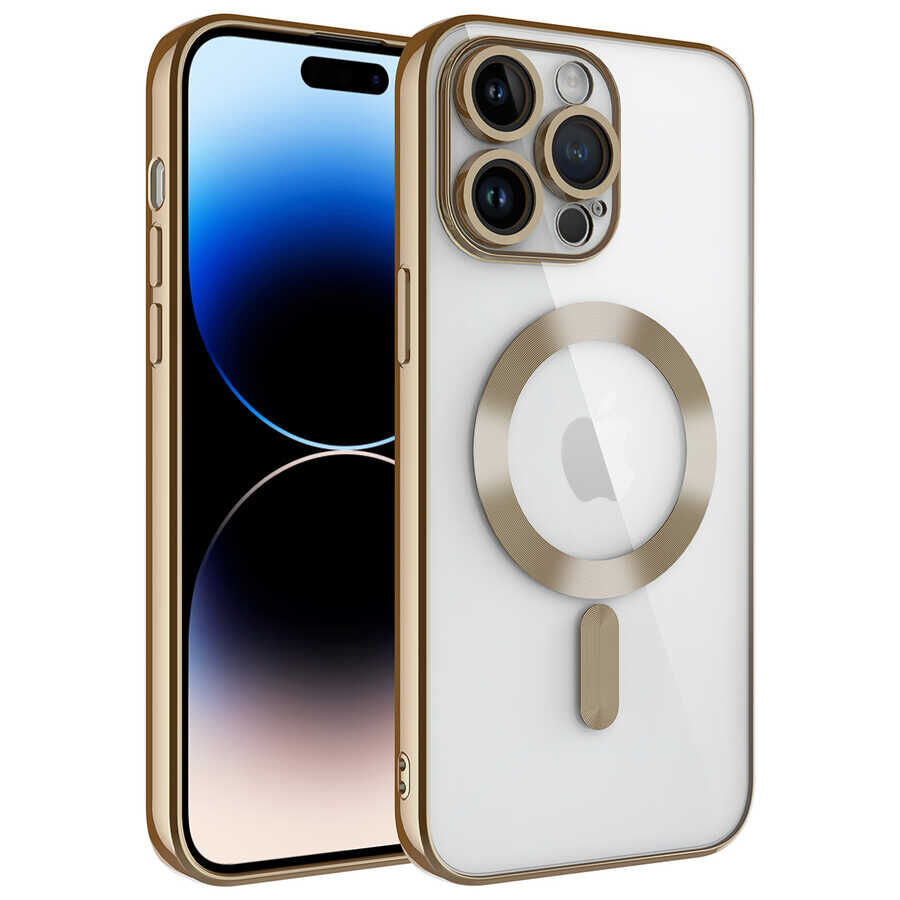 iPhone 14 Pro Max Kılıf Kamera Korumalı Kablosuz Wireless Şarj Özellikli Demre Kapak Gold