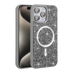 iPhone 15 Pro Kılıf Pırlanta Tasarımlı Kablosuz Şarj Özellikli Mozaik Silikon Kapak