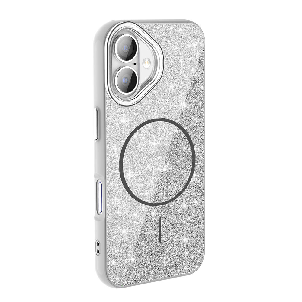 iPhone 16 Plus Kılıf Magsafe Şarj Özellikli Parlayan Simli Okso Kapak Beyaz