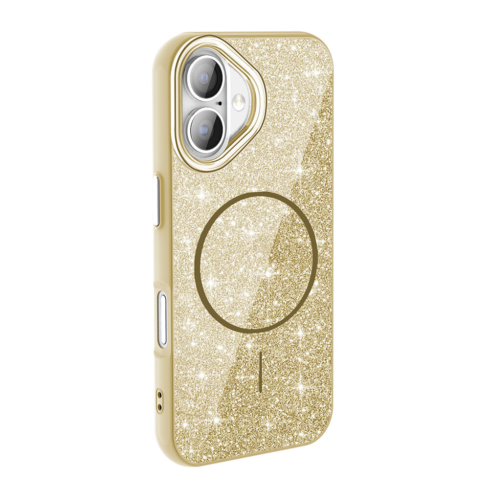 iPhone 16 Plus Kılıf Magsafe Şarj Özellikli Parlayan Simli Okso Kapak Gold