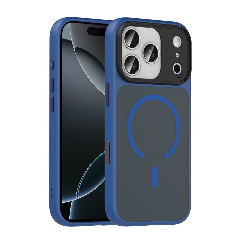 iPhone 17 Pro Max Kılıf Mat Arka Yüzey Wireless Şarj Özellikli Flet M-safe Kapak Lacivert