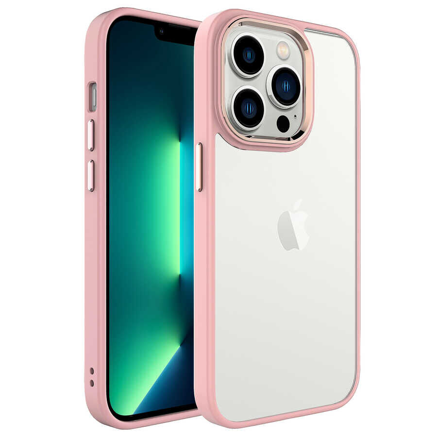 iPhone 14 Pro Kılıf Renkli Silikon Kenarlı Krom Kapak Pembe Açık
