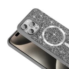 iPhone 15 Pro Max Kılıf Pırlanta Tasarımlı Kablosuz Şarj Özellikli Mozaik Silikon Kapak