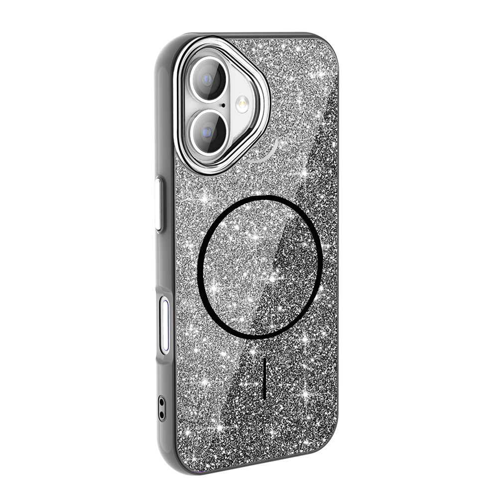 iPhone 16 Plus Kılıf Magsafe Şarj Özellikli Parlayan Simli Okso Kapak Siyah