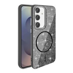 Samsung Galaxy S23 FE Kılıf Magsafe Şarj Özellikli Parlayan Simli Okso Kapak