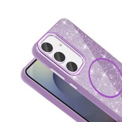 Samsung Galaxy S23 FE Kılıf Magsafe Şarj Özellikli Parlayan Simli Okso Kapak