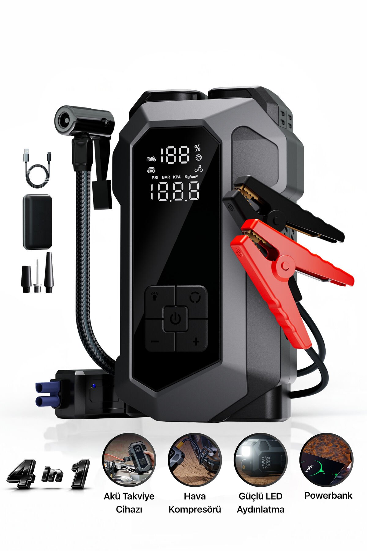 4 in 1 Şarjlı Akü Takviye Cihazı | 16.000 mAh | Akım Koruma | Güçlü Seri | Lastik Şişirme, LED Fener