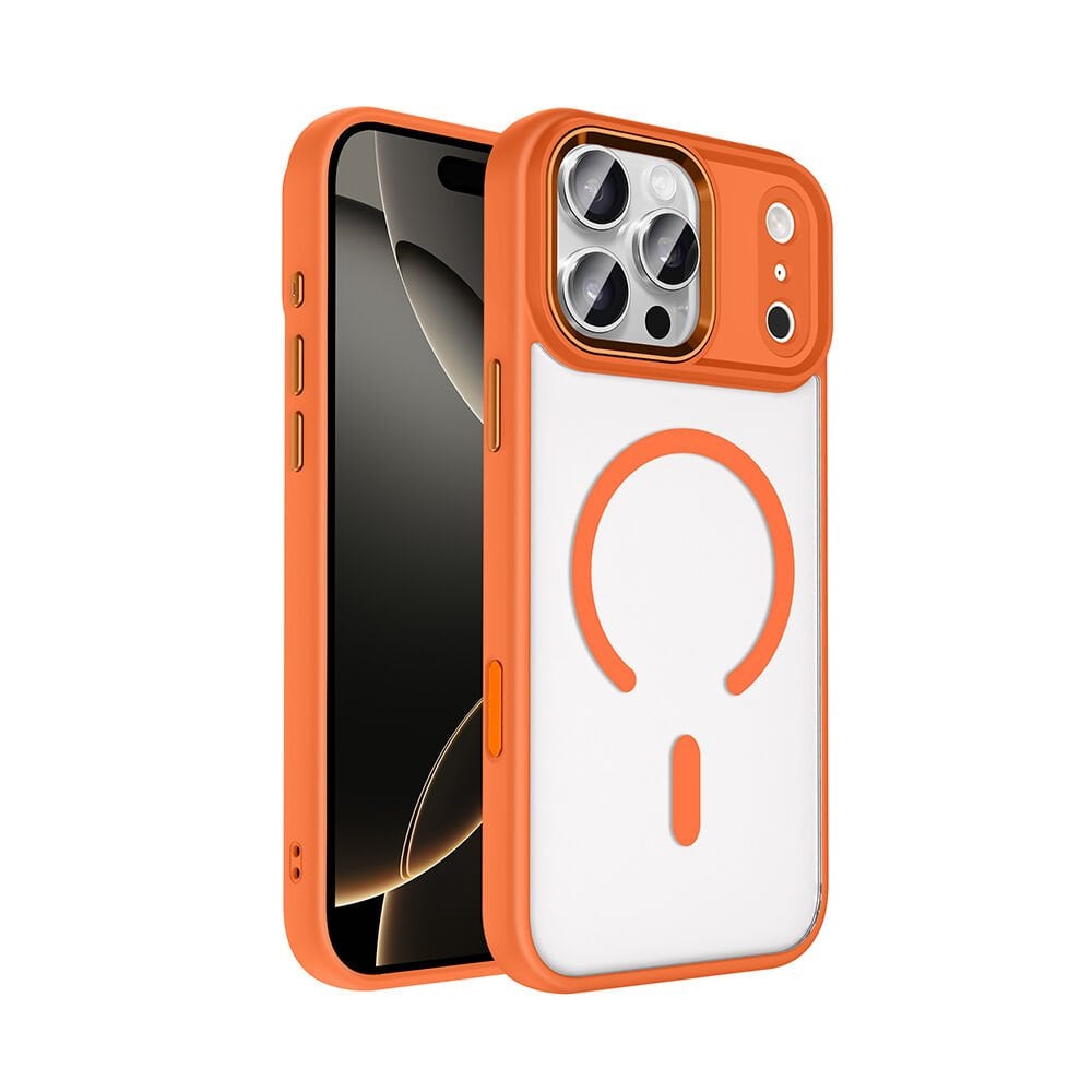 iPhone 17 Pro Max Kılıf Wireless Şarj Özellikli Krom M-safe Silikon Kapak Turuncu