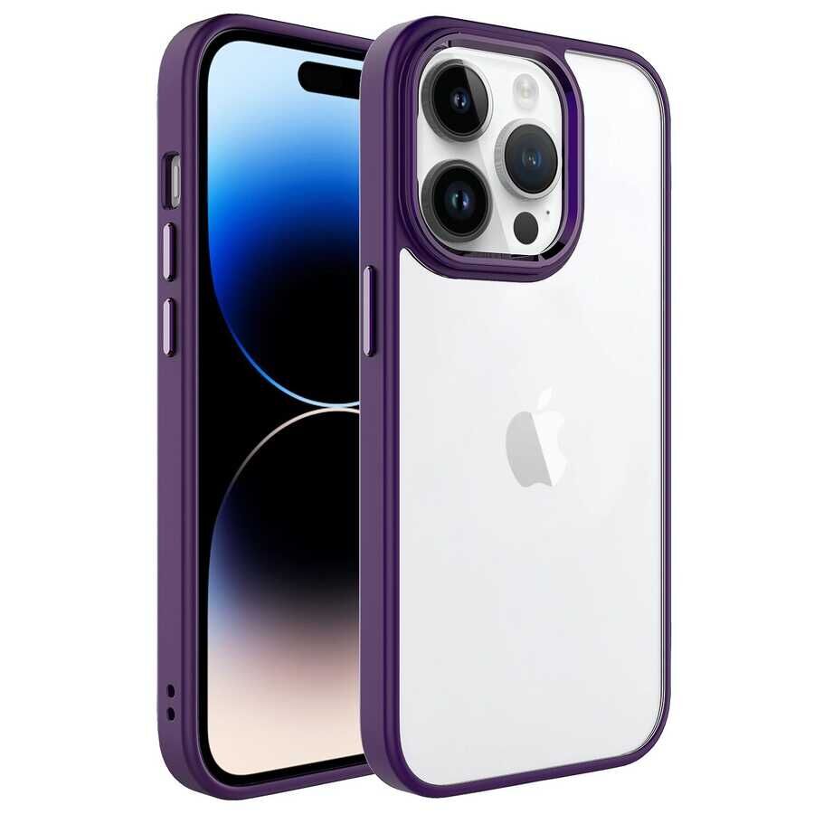 iPhone 14 Pro Kılıf Renkli Silikon Kenarlı Krom Kapak Derin Mor