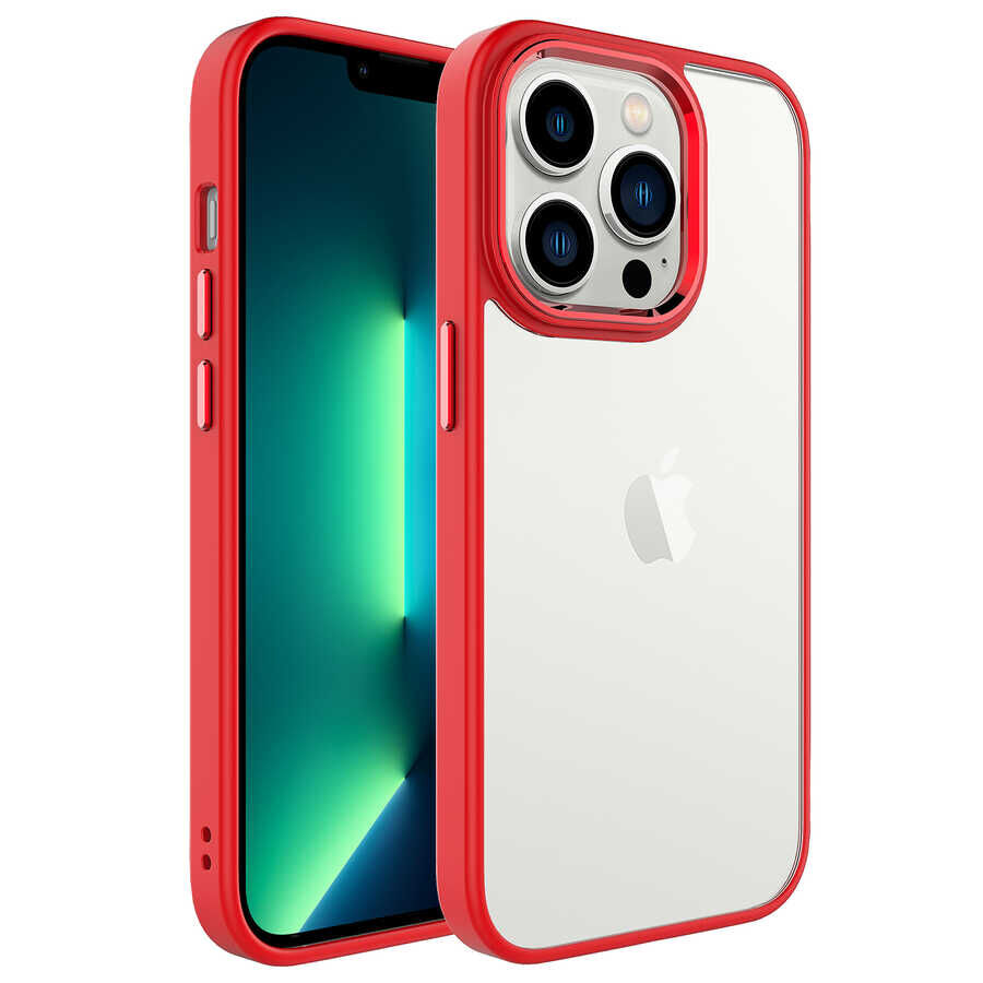 iPhone 14 Pro Kılıf Renkli Silikon Kenarlı Krom Kapak Kırmızı
