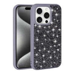 iPhone 15 Pro Kılıf Parlak Taşlı Tasarım Pırlanta Kapak Siyah