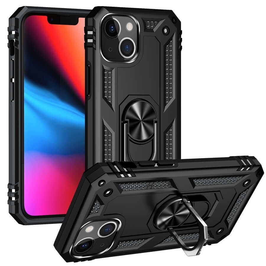 iPhone 13 Kılıf Vega Tank Sert Yüzüklü Standlı Zırh Koruma Kapak Siyah