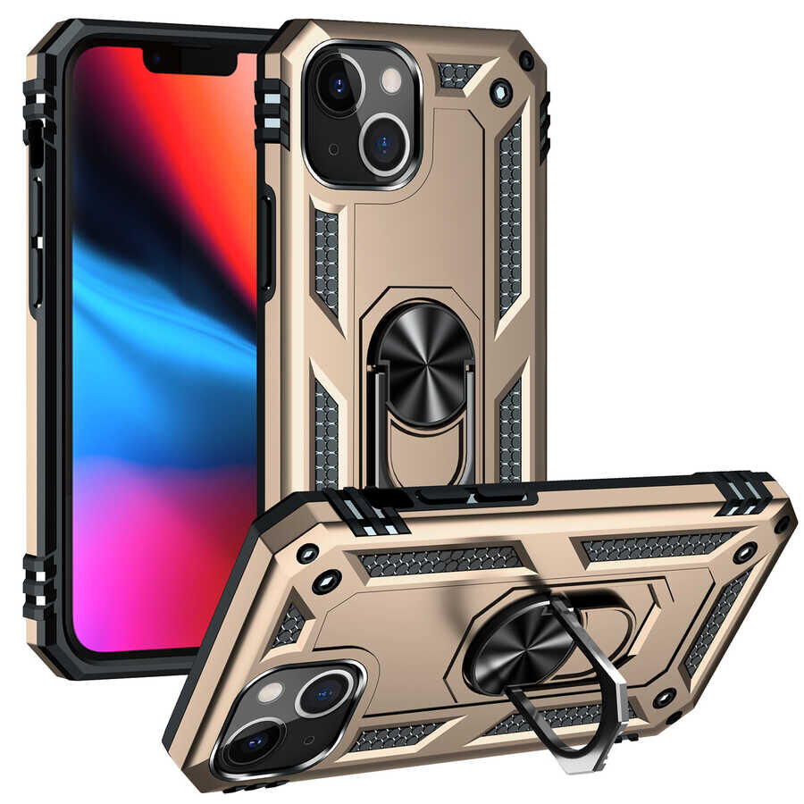 iPhone 13 Kılıf Vega Tank Sert Yüzüklü Standlı Zırh Koruma Kapak Gold