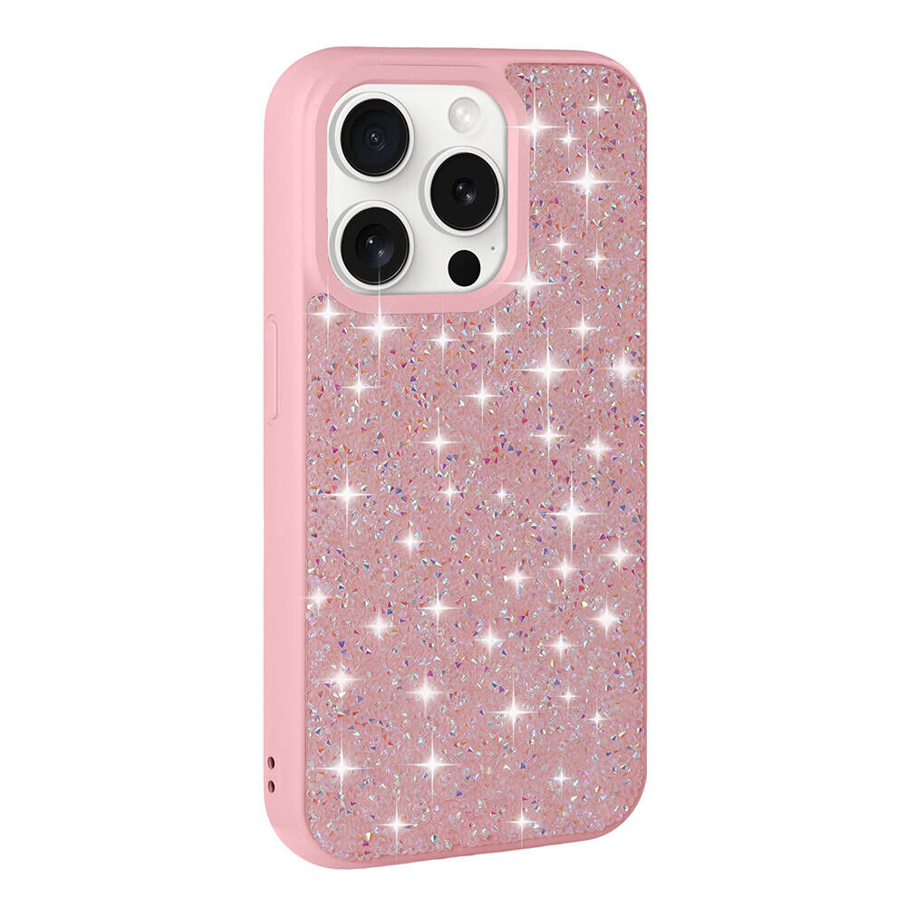 iPhone 15 Pro Kılıf Parlak Taşlı Tasarım Pırlanta Kapak Pembe