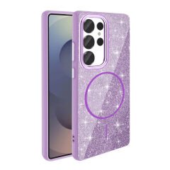 Samsung Galaxy S25 Ultra Kılıf Magsafe Şarj Özellikli Parlayan Simli Okso Kapak