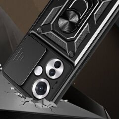 Oppo Reno 11F 5G Kılıf Magnetik Standlı Kamera Korumalı Sürgülü Vega Kapak Siyah