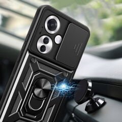 Oppo Reno 11F 5G Kılıf Magnetik Standlı Kamera Korumalı Sürgülü Vega Kapak Siyah